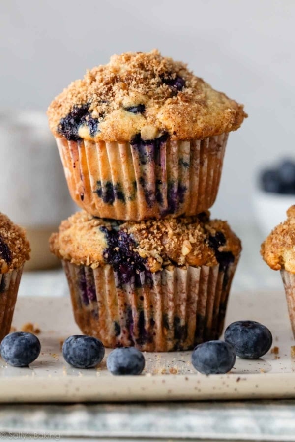 stack of 2 blueberry muffins.