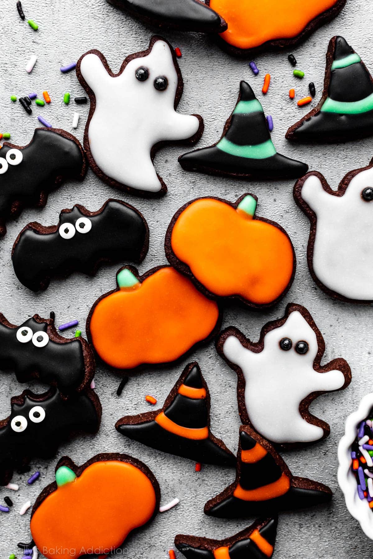 Halloween chocolate sugar cookies decorated with easy icing
