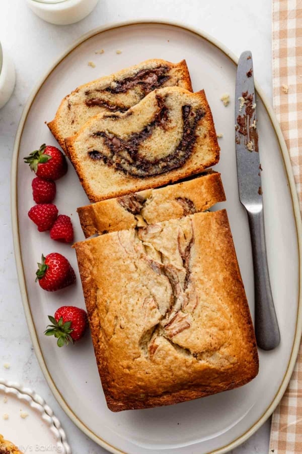 Nutella swirl pound cake with fresh berries.
