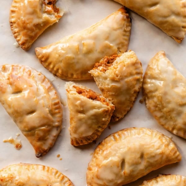glazed pumpkin hand pies on parchment paper.